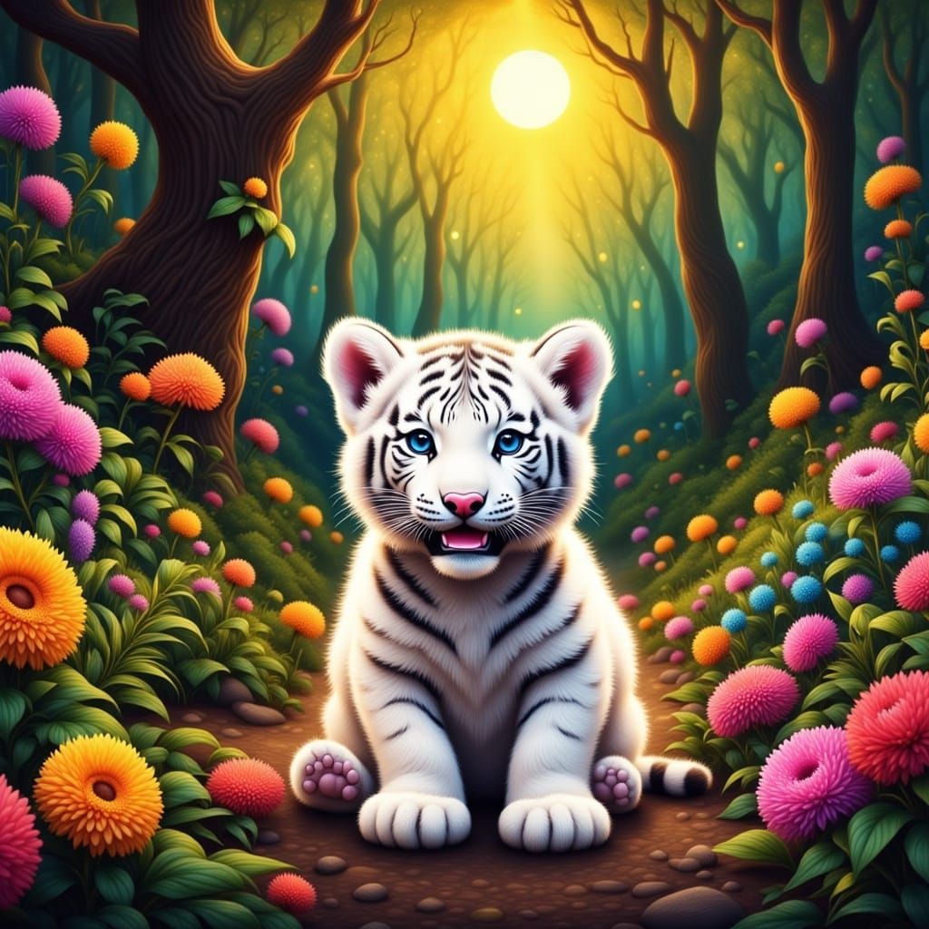 Whimsical Fantasy Tiger Cub in Vibrant Savannah Jungle