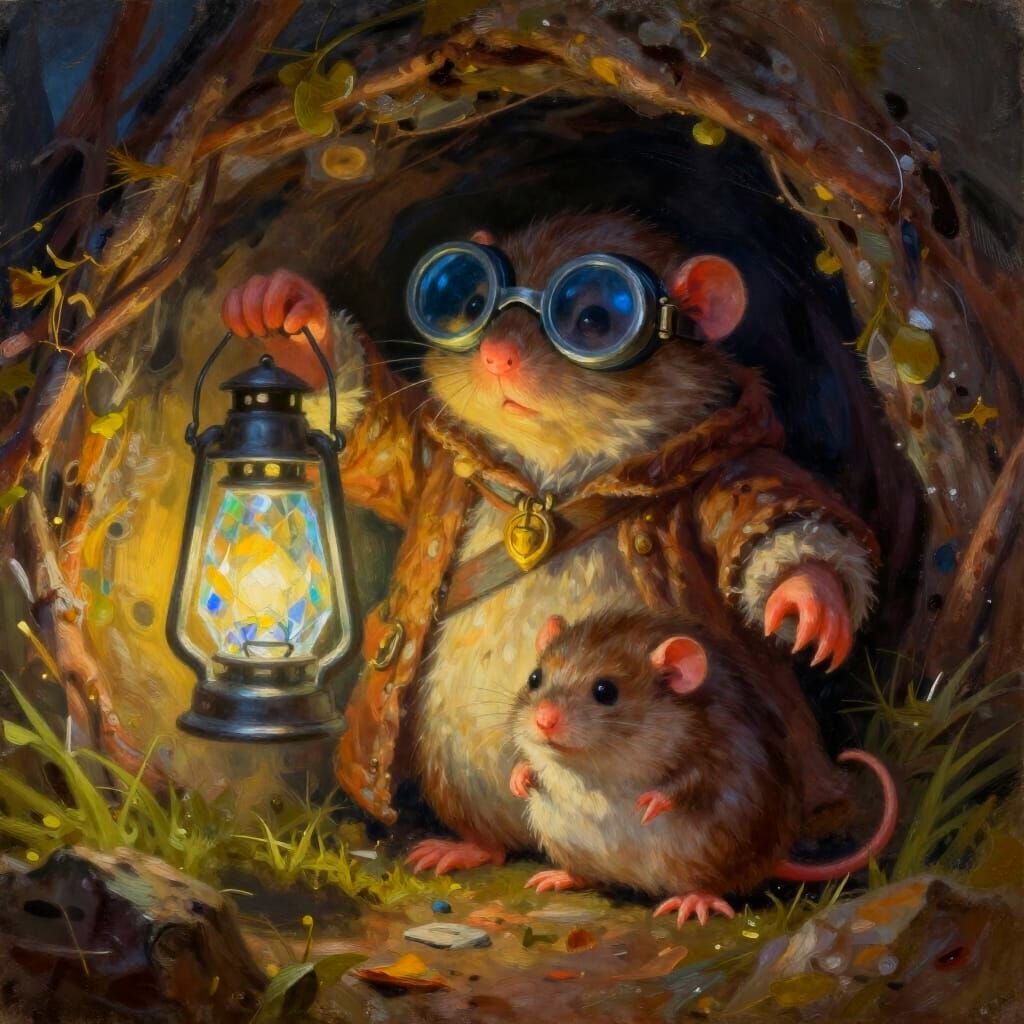 Mole Warden Hybrid with Crystal Lantern in Oil Painting Styl...