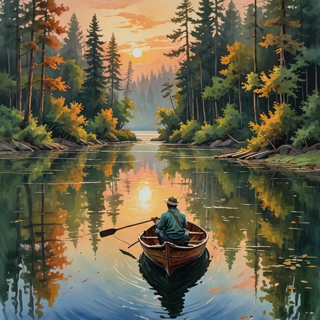 Sunset Fishing: Impressionist Gouache Watercolor Painting