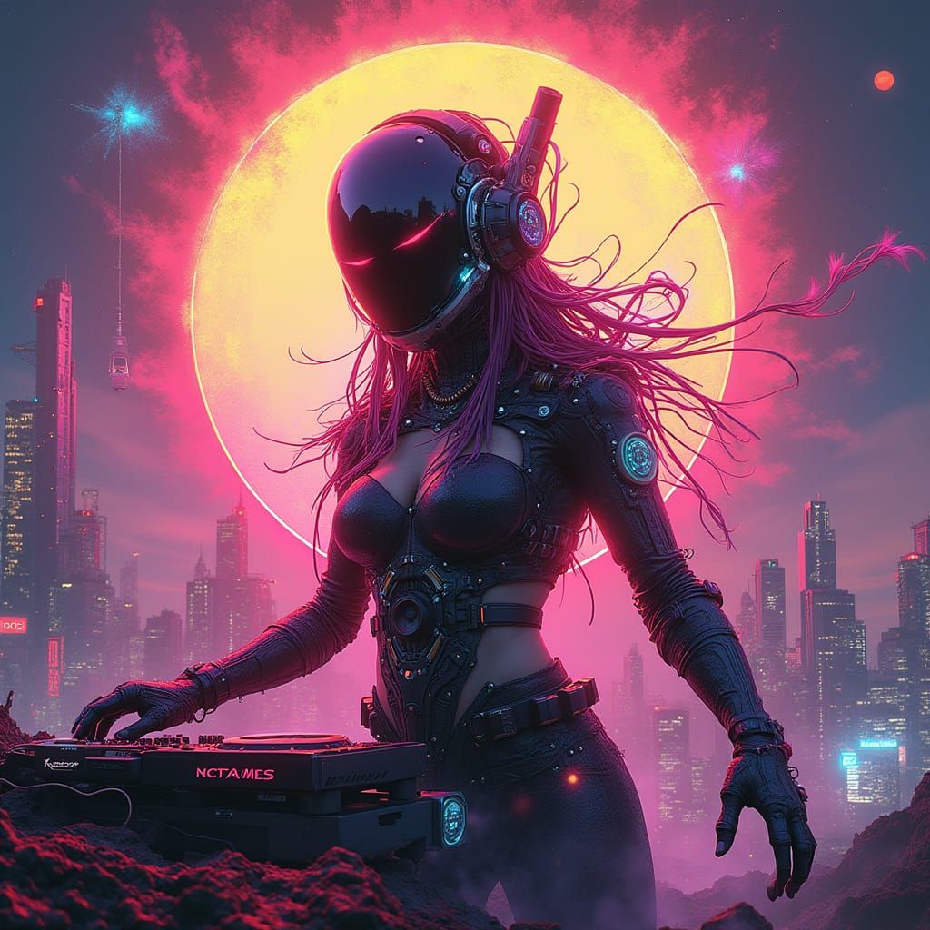 Vibrant Steampunk DJ Goddess Radiates Psytrance Energy in Cy...