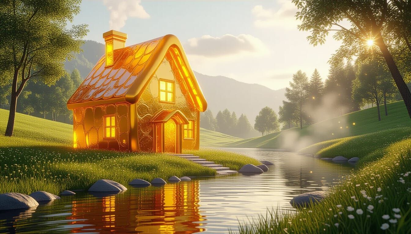 Golden Cola House by Riverbank in Magical Realism Style