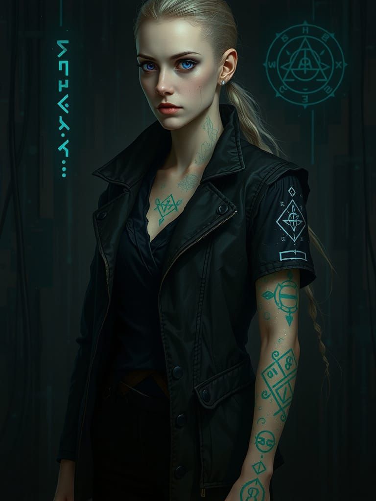 Cyberpunk Woman in Server Hub with Glowing Tattoos