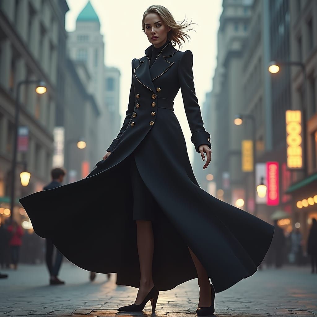 Person in Flowing Coat in Bustling Cityscape