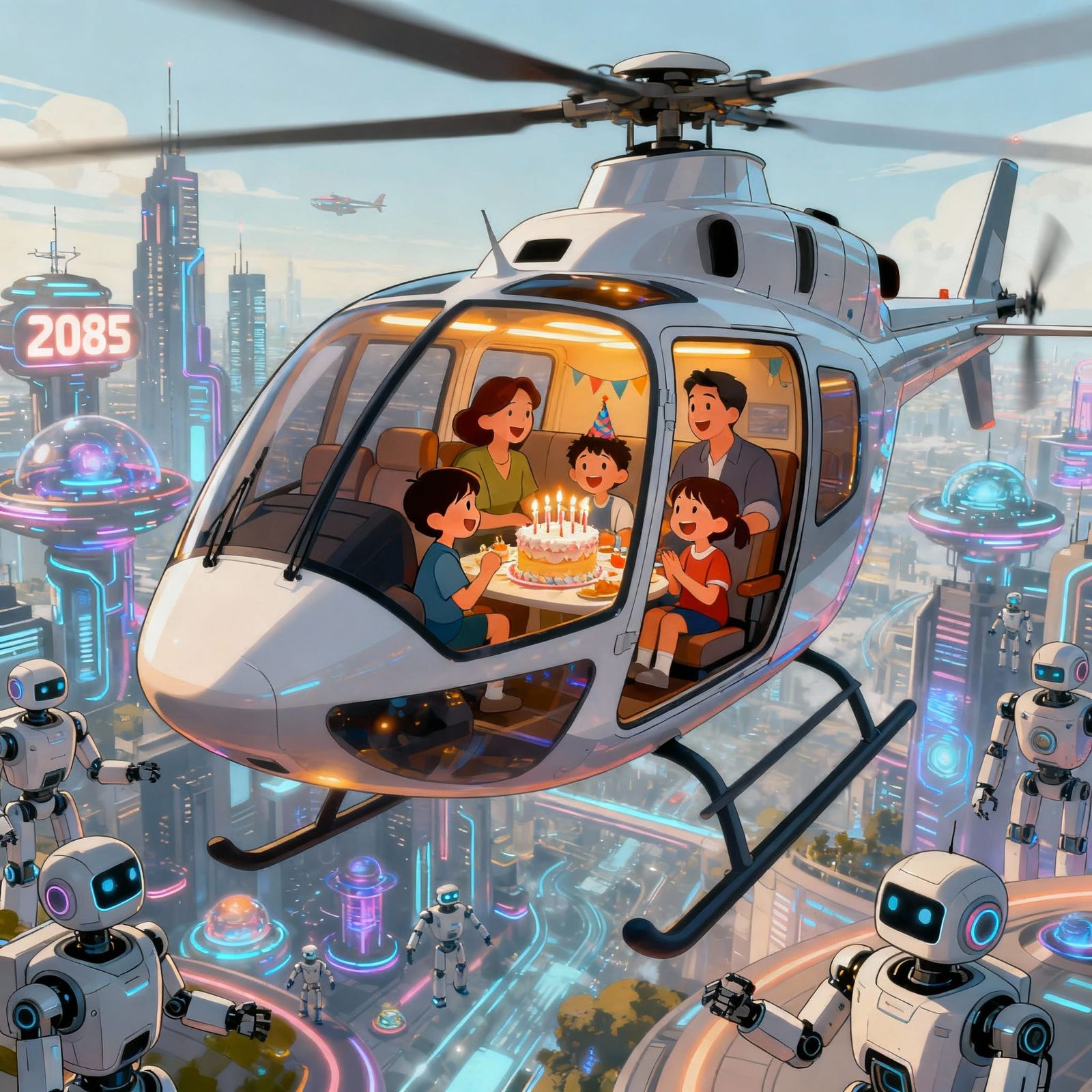 Futuristic Helicopter Birthday Party in 2085 Cityscape