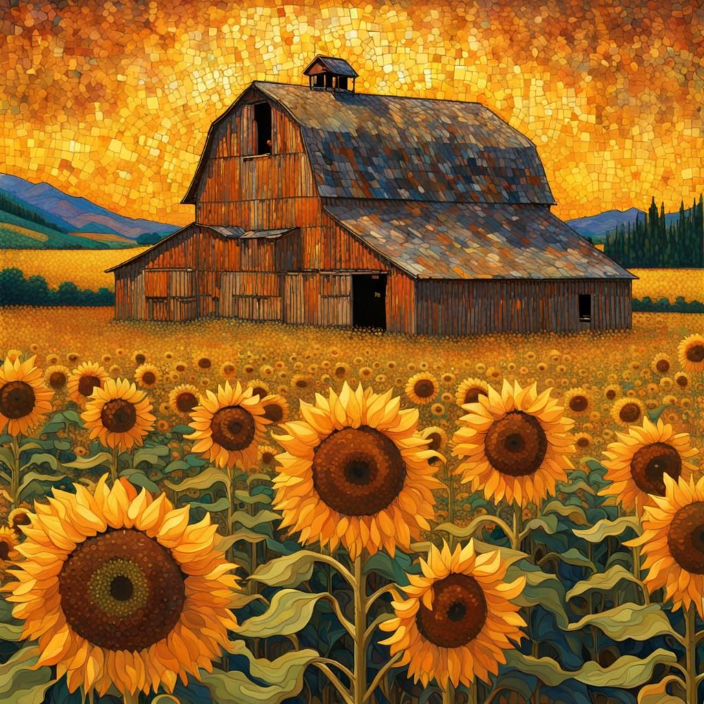 Golden Barn in Sunflower Field, Klimt-Inspired Mosaic