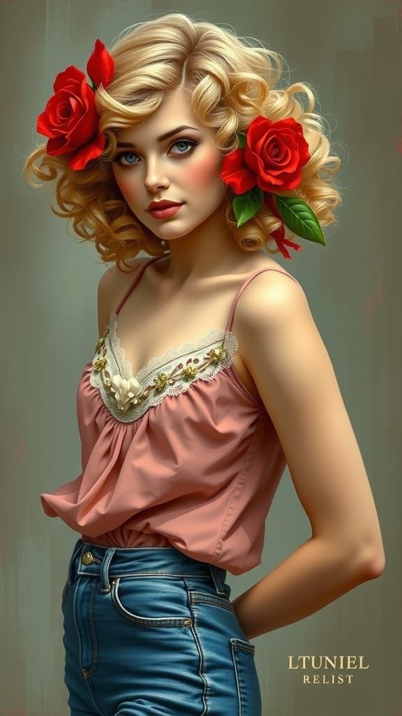 Woman in Jeans with Art Nouveau Style