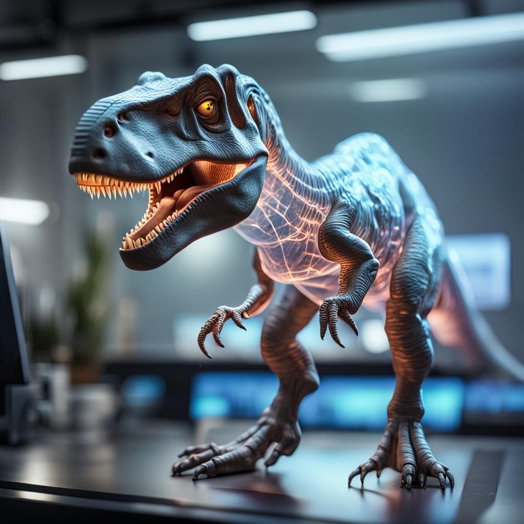 Cute T-Rex Hologram in a Modern Lab