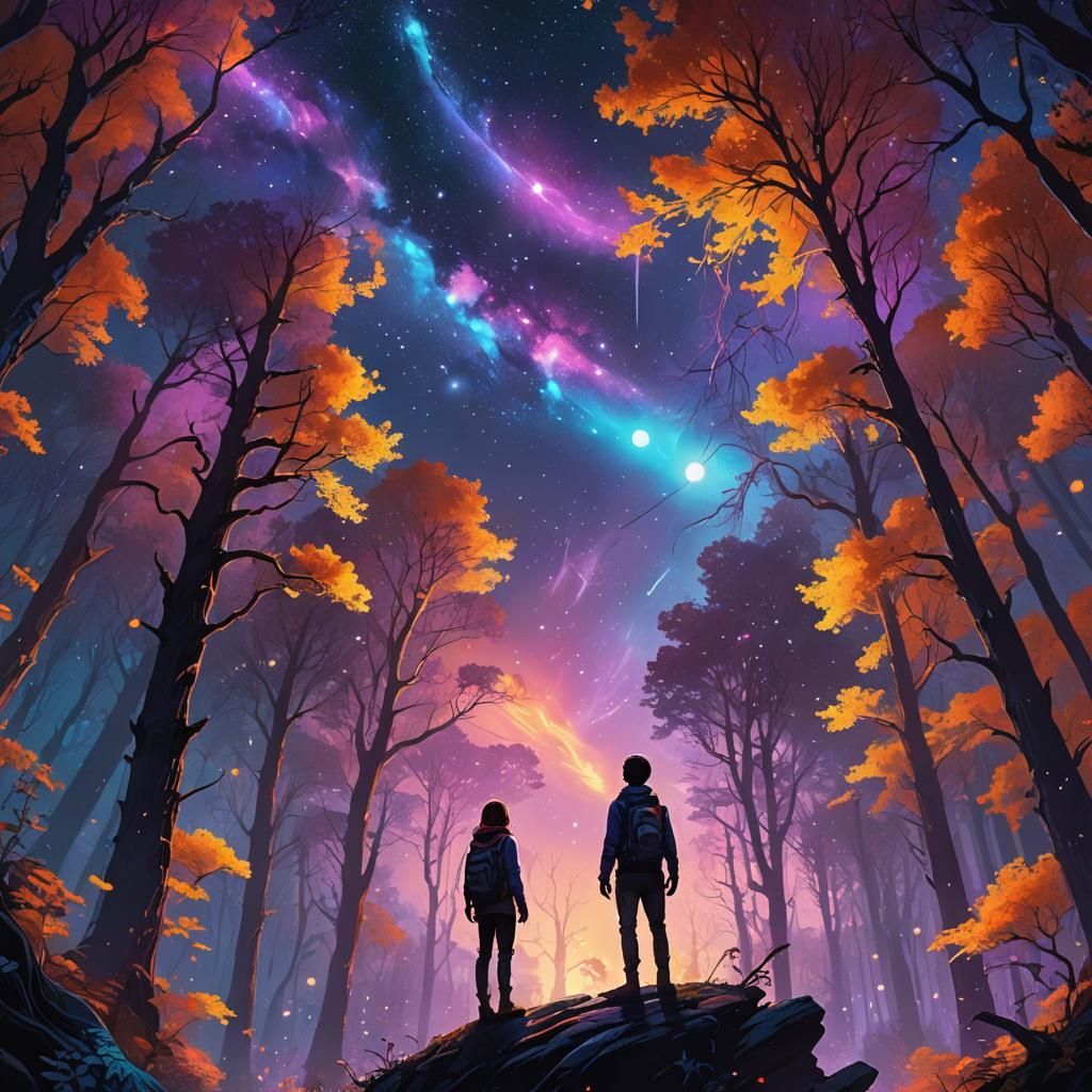 Mystical Forest Meets Glowing Starry Sky
