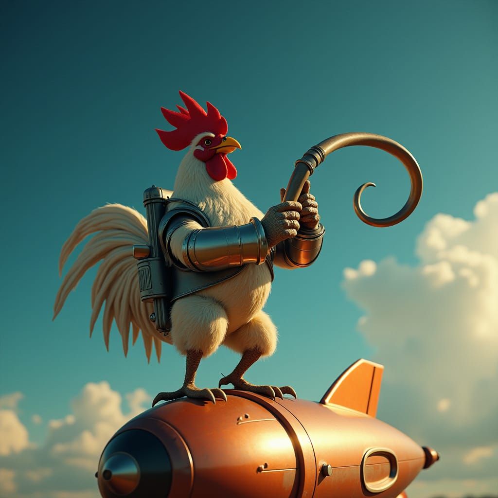 Rooster in Spacesuit Bends Metal on Rocket