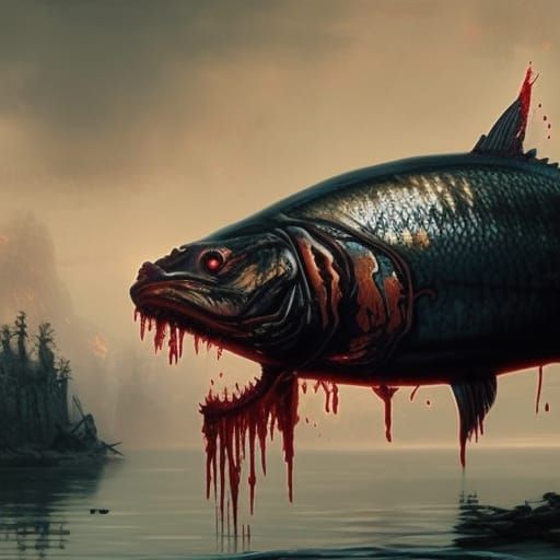 Scary Piranha in Blood Lake: Dark Fantasy Art