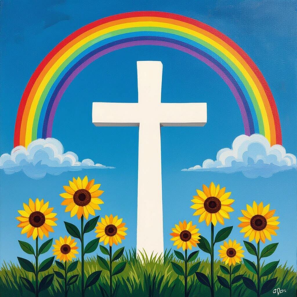 Vibrant Rainbow Cross with Sunflowers in Oil Painting Style