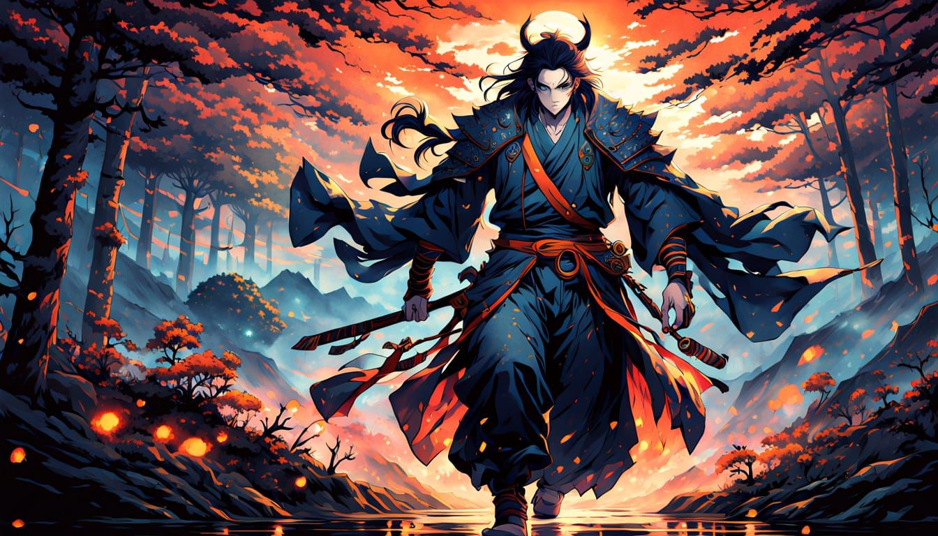 Confident Satoru Gojo in a Misty Forest Dusk