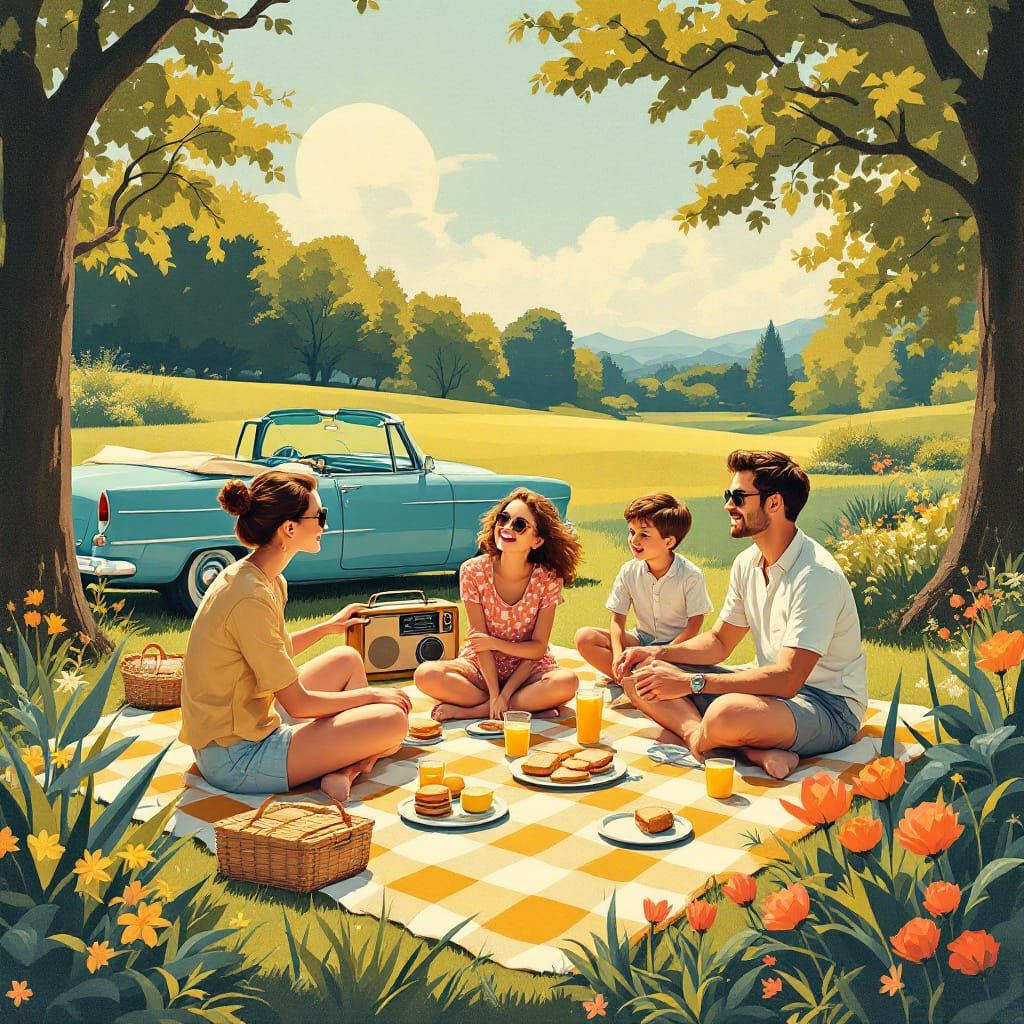 Mid-Century Modern Family Picnic Ad Poster