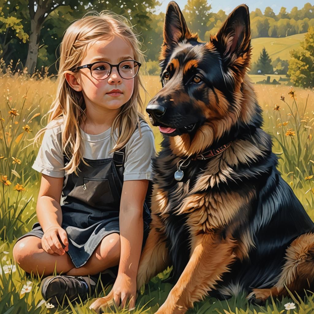 German Shepherd and Girl in Sunny Meadow: Hyperrealistic Art