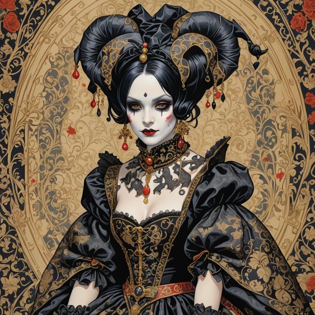 Gothic Jester in Jacquard, Woodblock Style