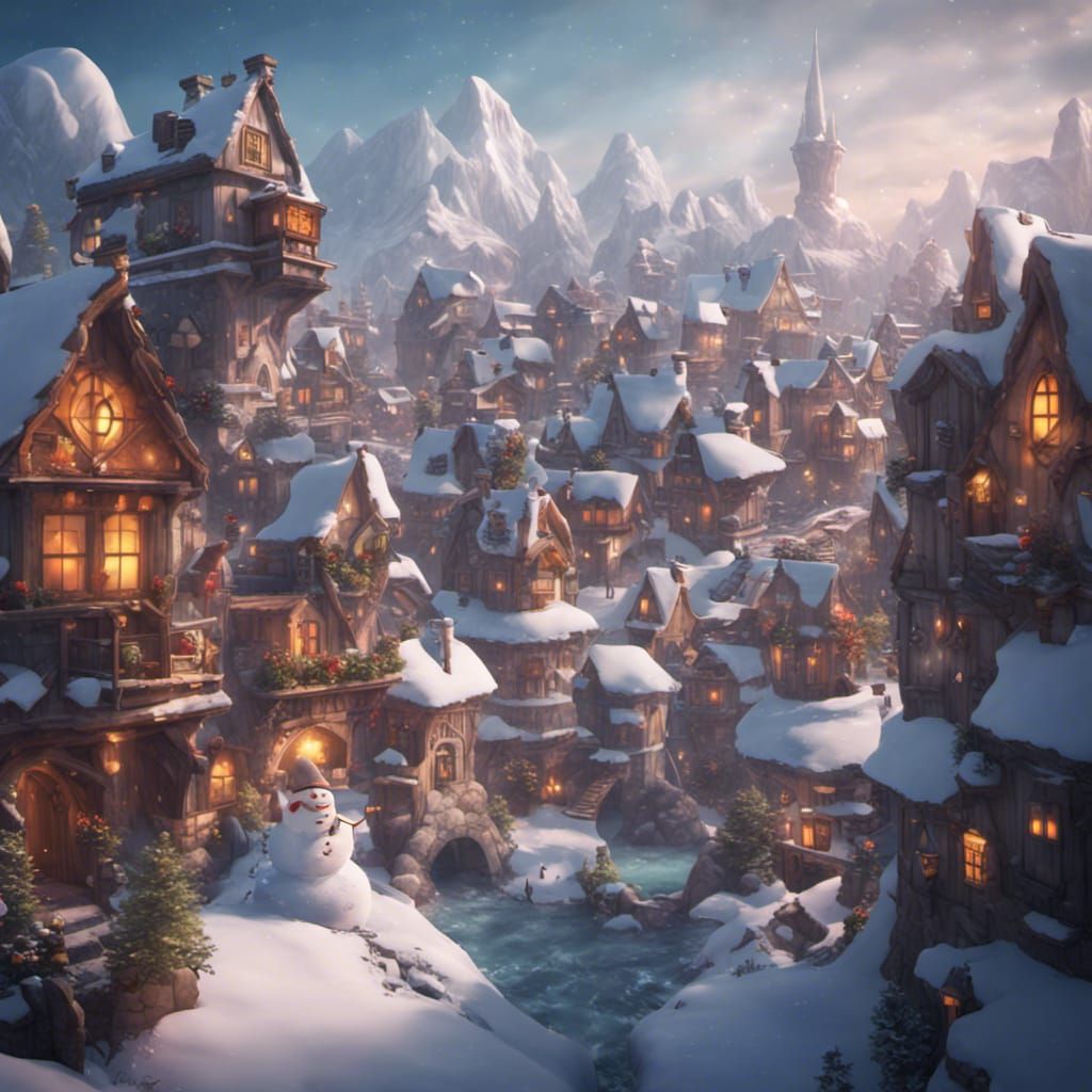 Snowman in Elf Town: Detailed Matte Painting