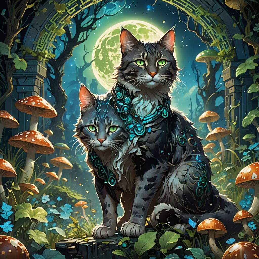 Regal Cat Navigates Bioluminescent Maze in Dark Fantasy Art