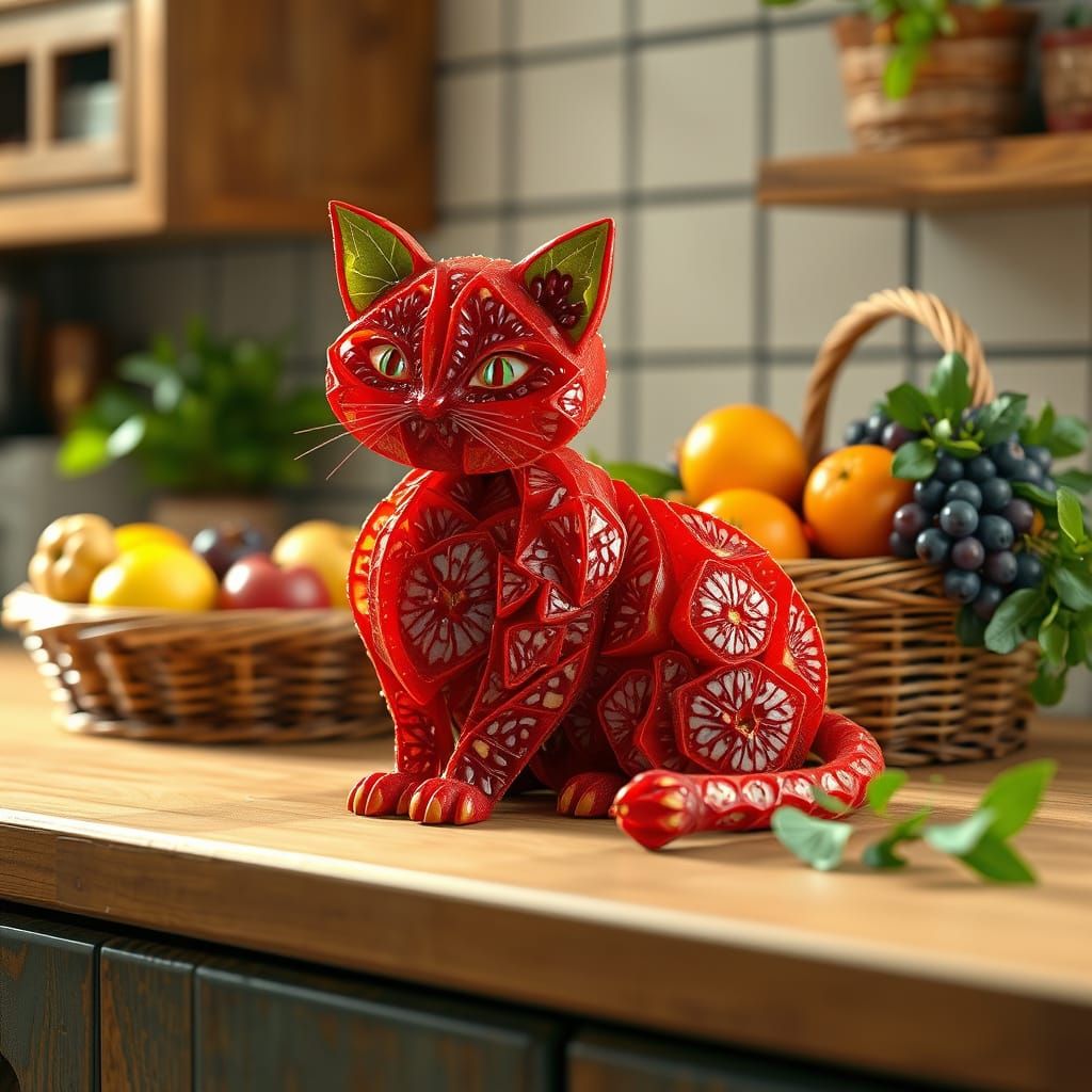 Whimsical Feline Fruit Sculpture in Fantasy Art Style
