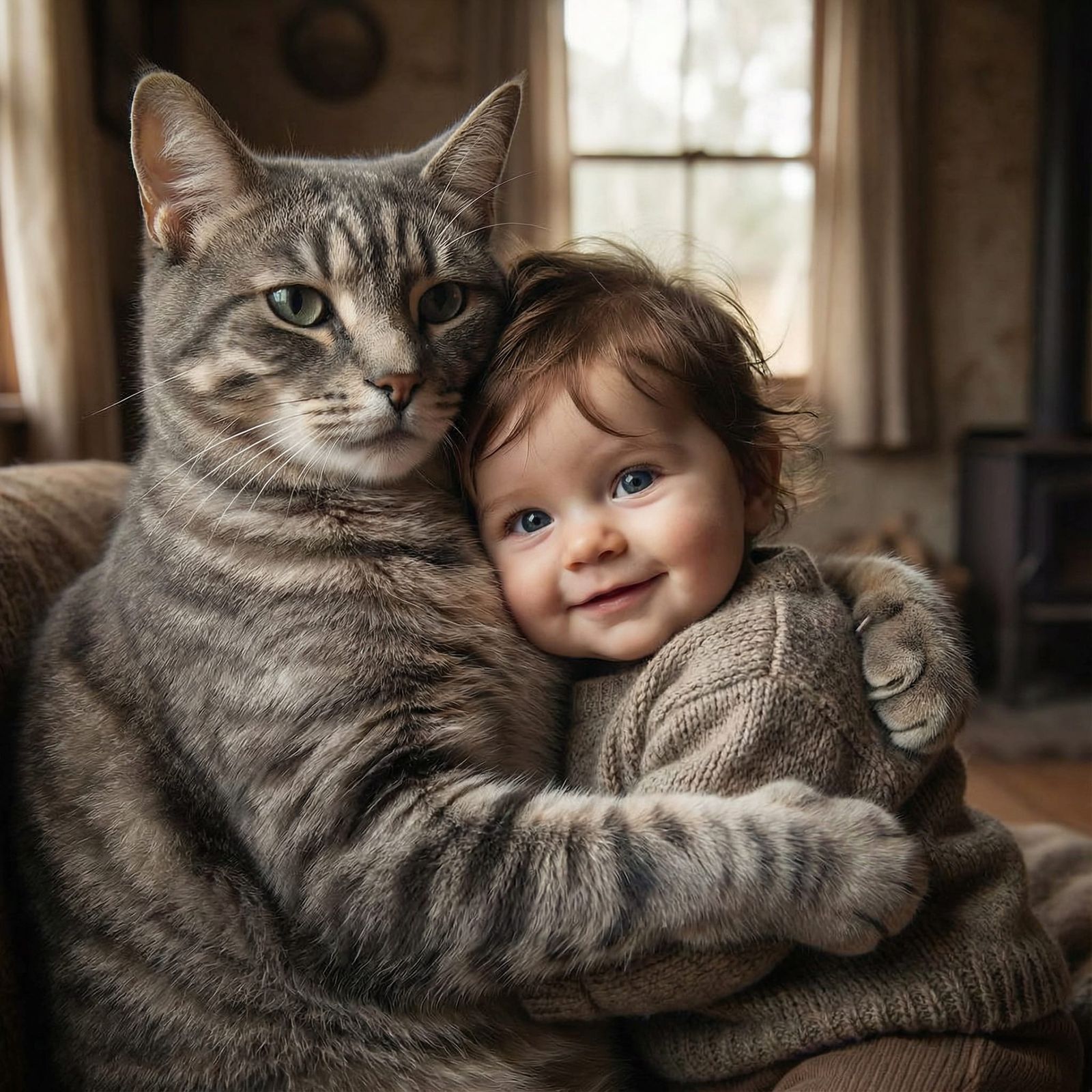 Adorable Baby Cradled by Giant Loving Cat