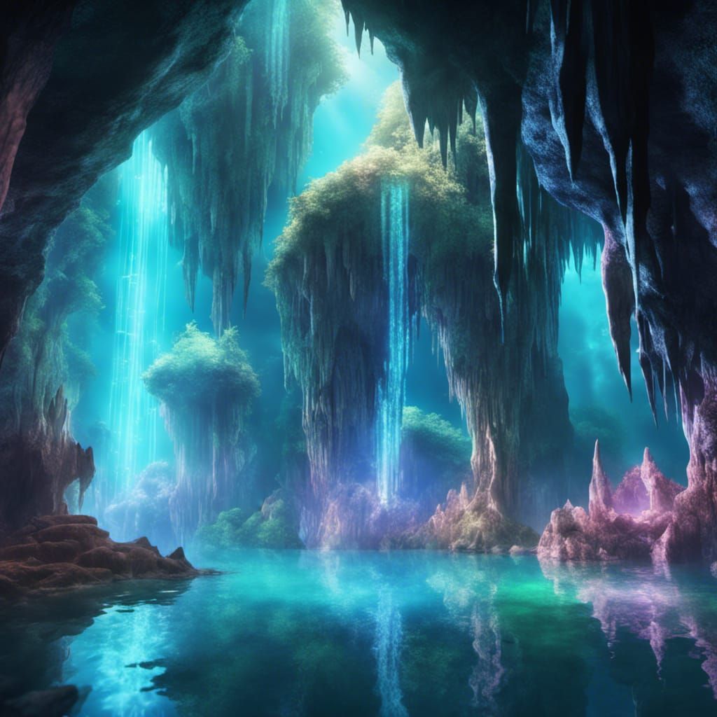 Sparkling Cave with Lake and Waterfall