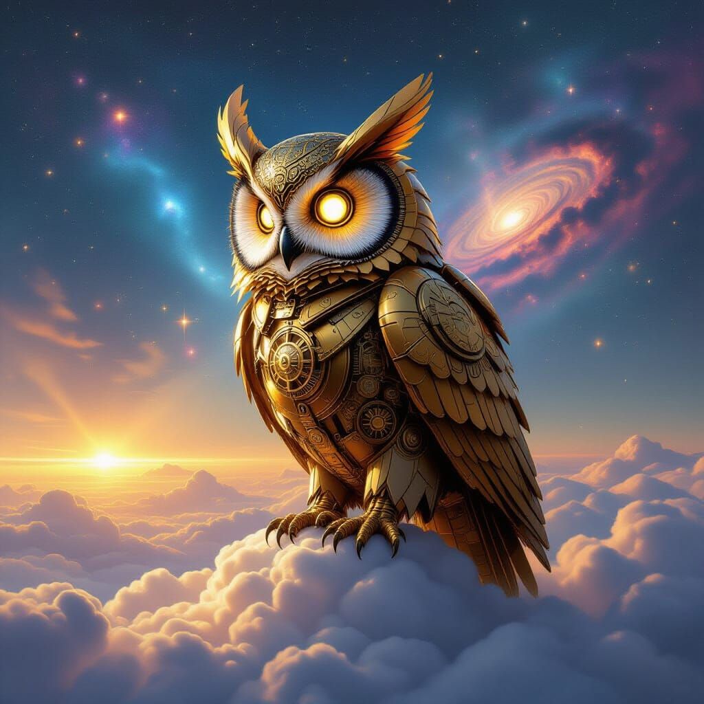 Clockwork Owl in Nebula: Steampunk Cosmic Wonder