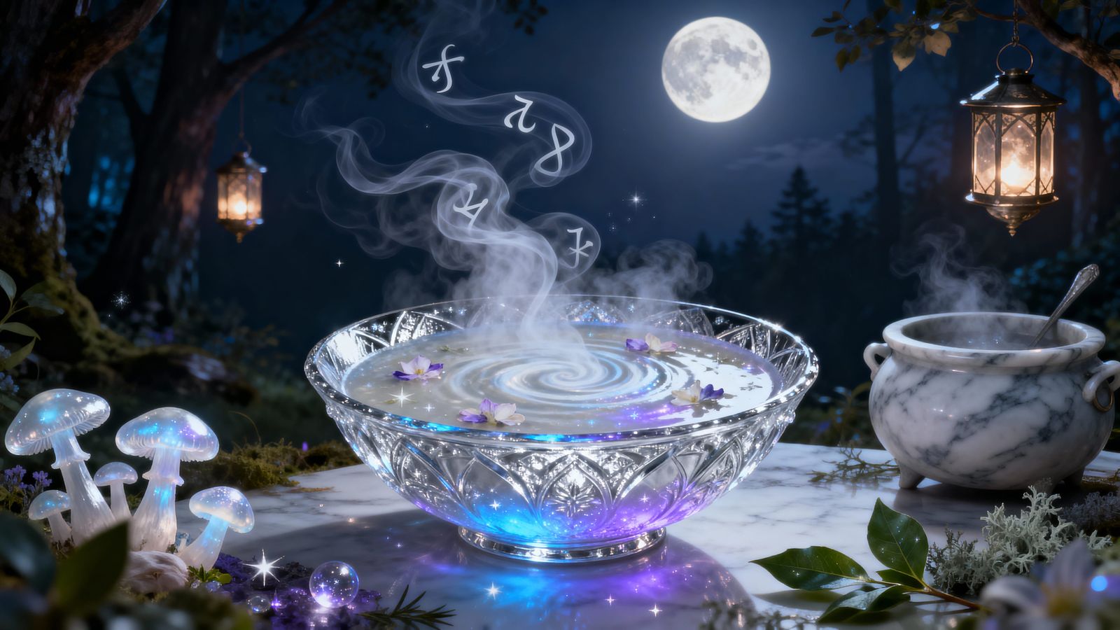Ethereal Silver Soup in Moonlit Forest Clearing