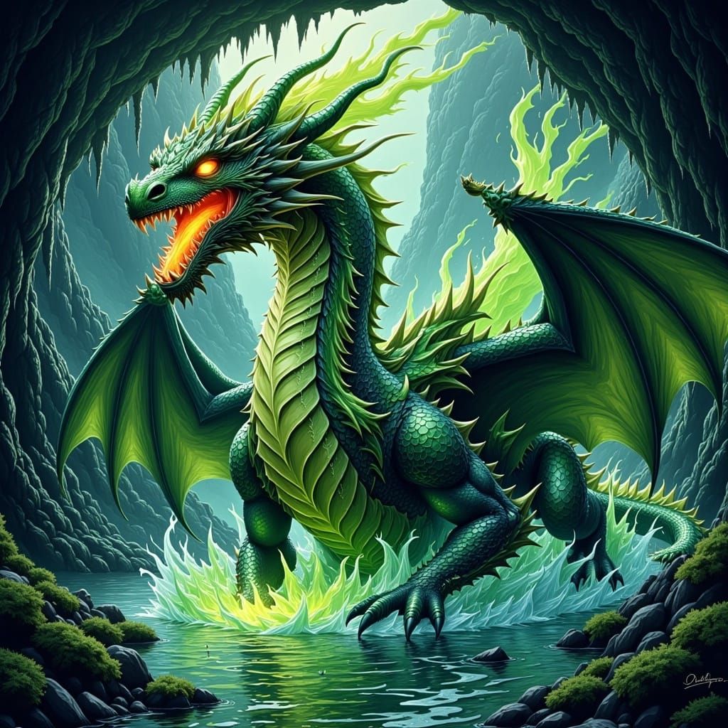 Hydra Dragon in Swampy Cave Illustration