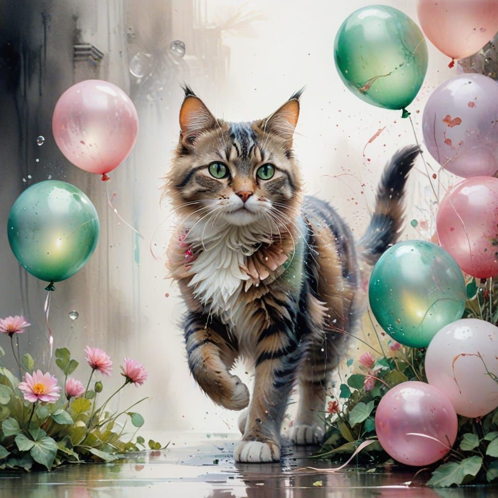 Tabby Cat's Iridescent Balloon Chase: Dreamy Art Nouveau
