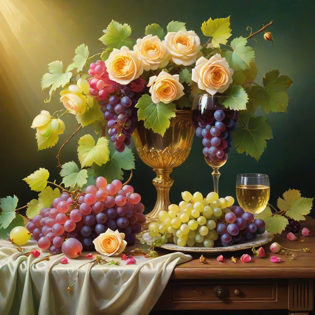 Grapes and Roses Still Life: A Vibrant Oil Painting