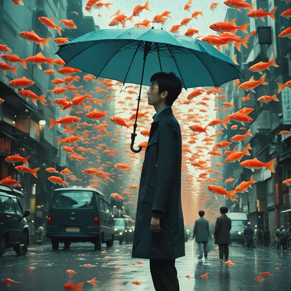 Man in Fish Rain, Miyazaki-Inspired Dreamscape