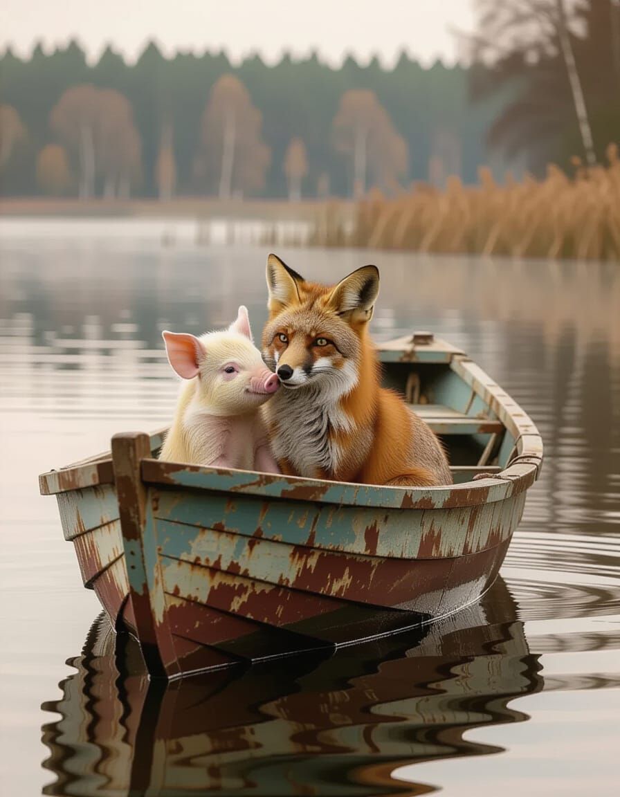 Piglet and Fox Cuddle in Old Rowboat, Photorealistic HDR