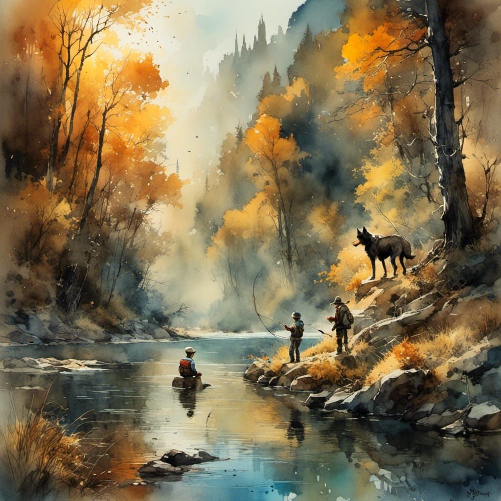 Father and Son Fly Fishing in Watercolor Style