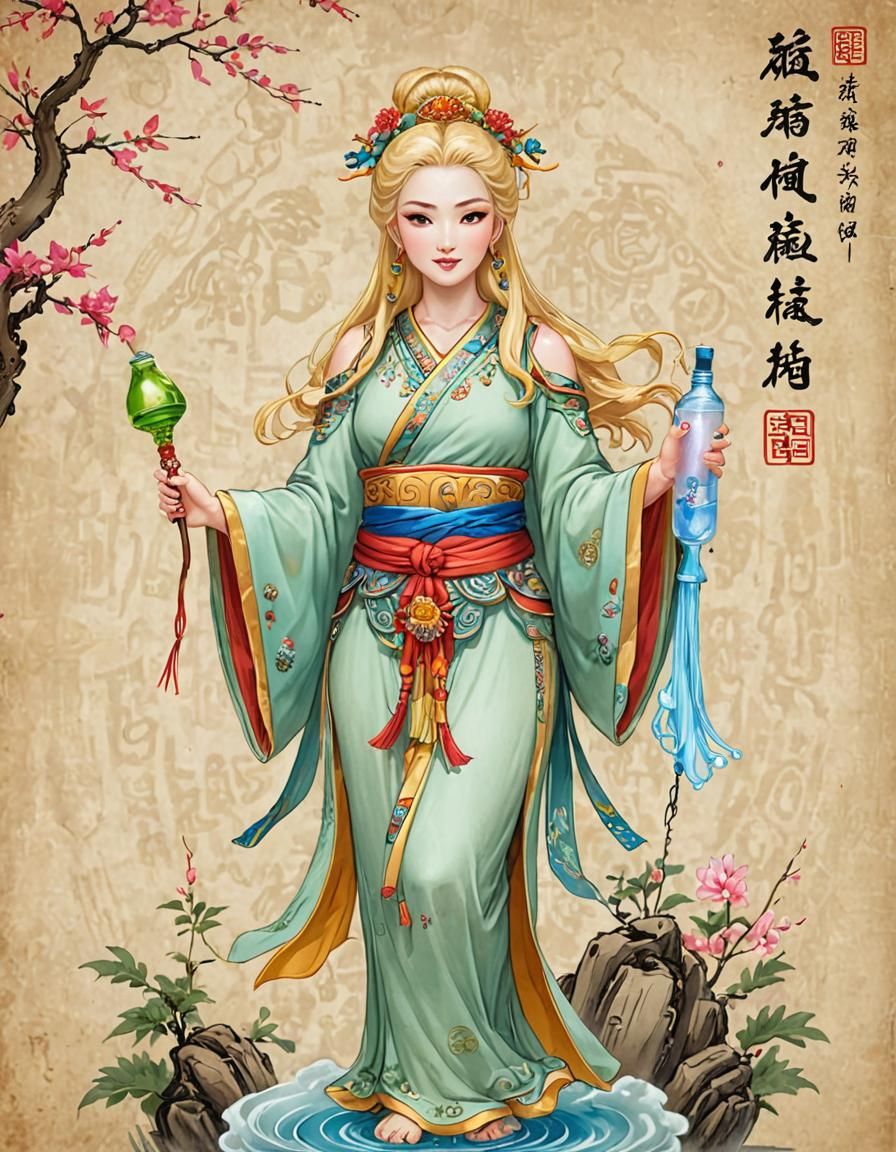 Blonde Quan Yin Cartoon Scroll in Chinese Style