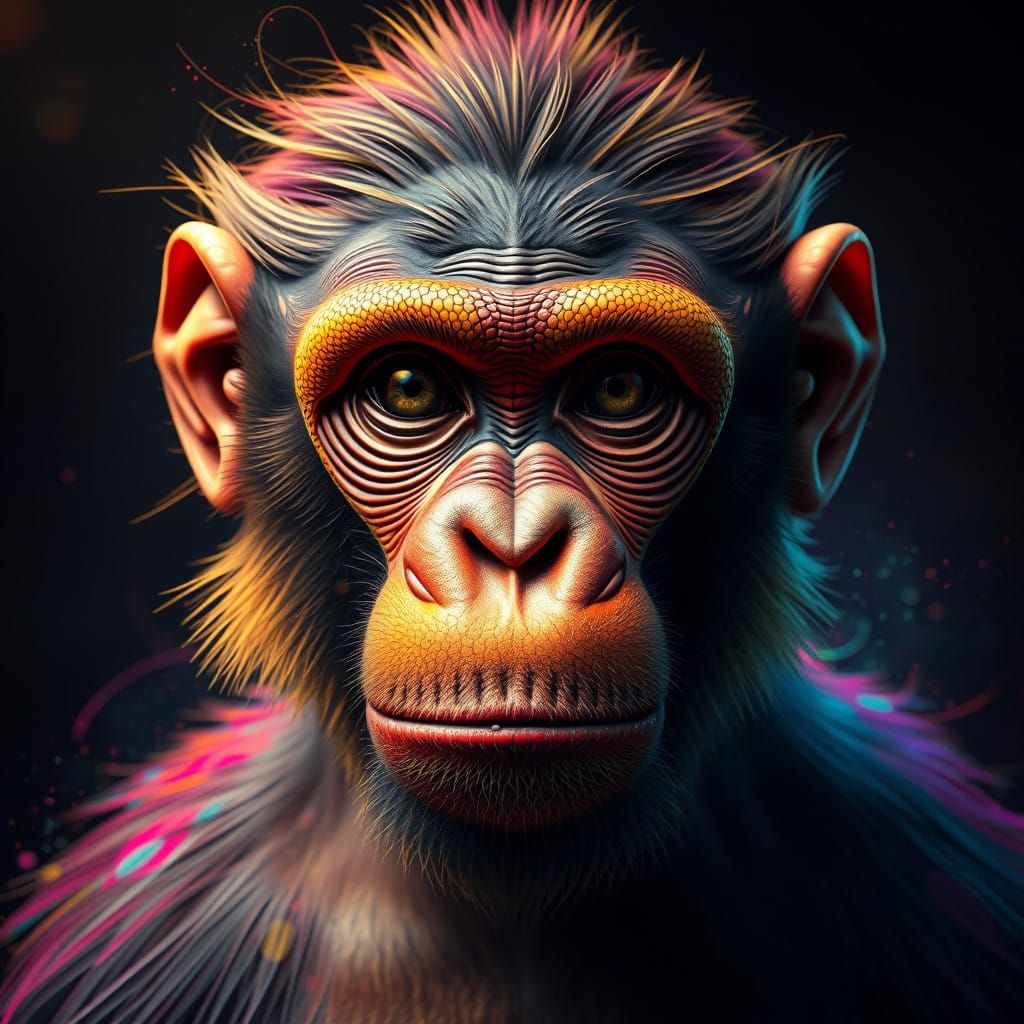Surreal Monkey Portrait in Vibrant Disiqual Colors