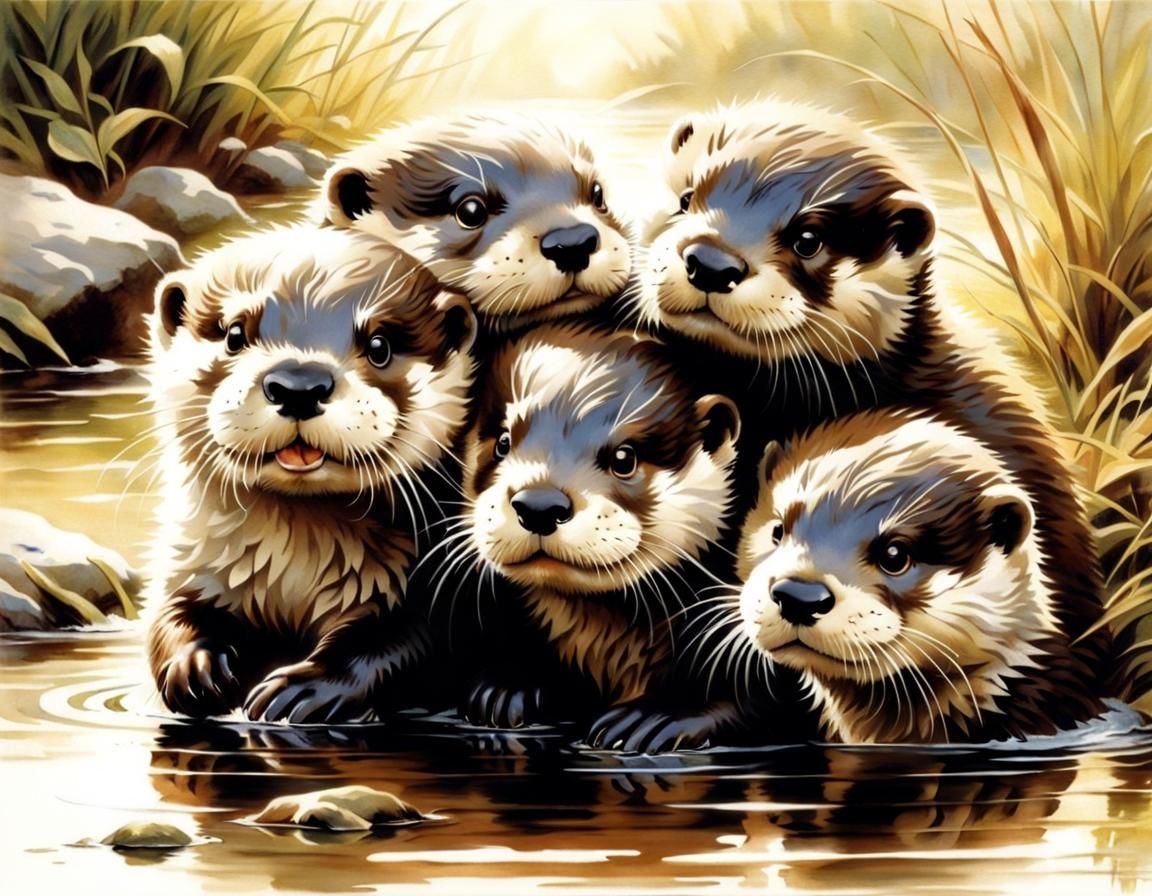 Playful Otter Pups in River: Detailed Wildlife Painting