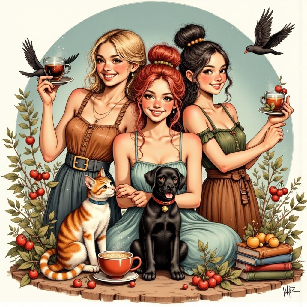 Whimsical Glitter Fairy Airbrush Illustration of Women and P...