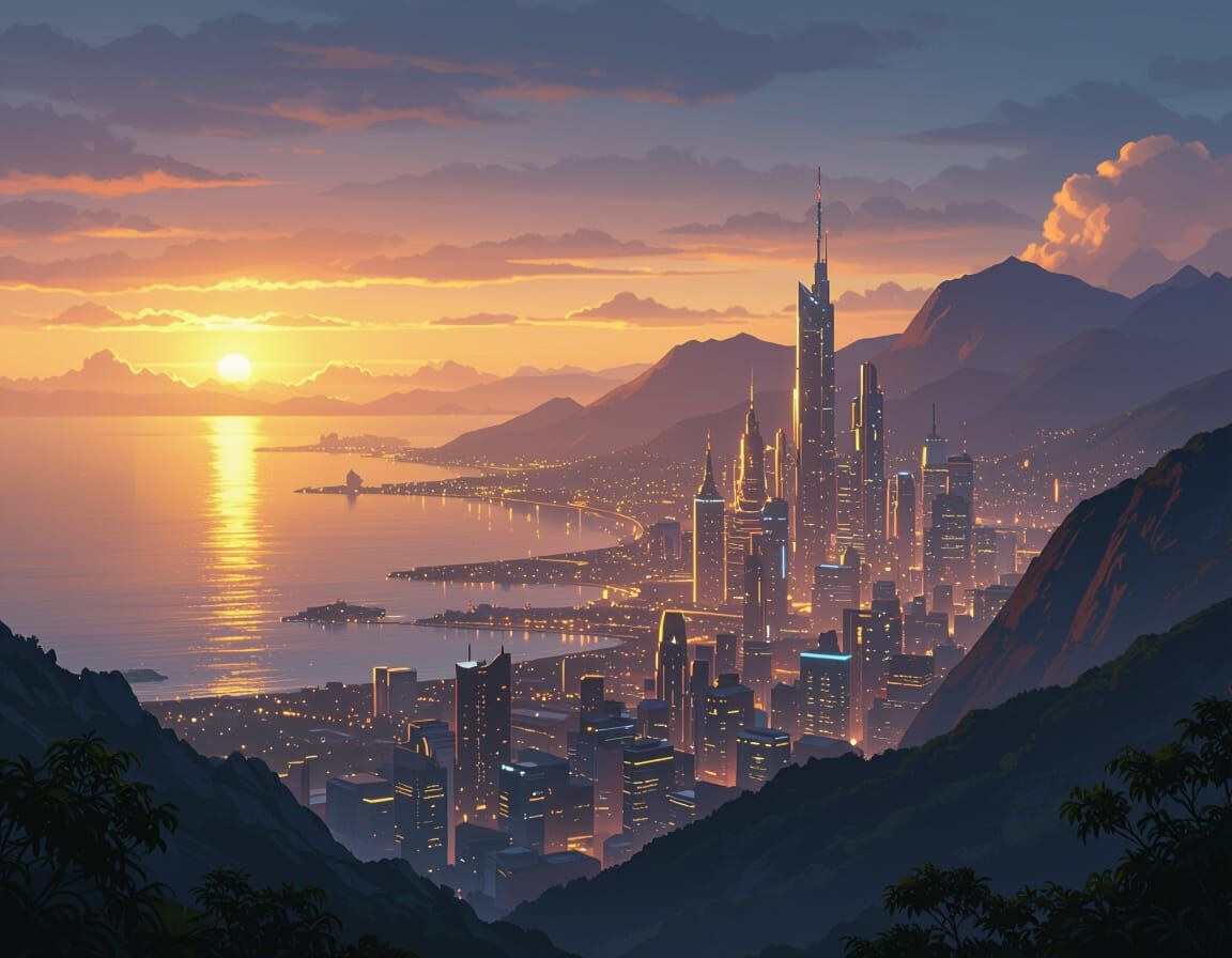 Cyberpunk City at Night in Golden Light