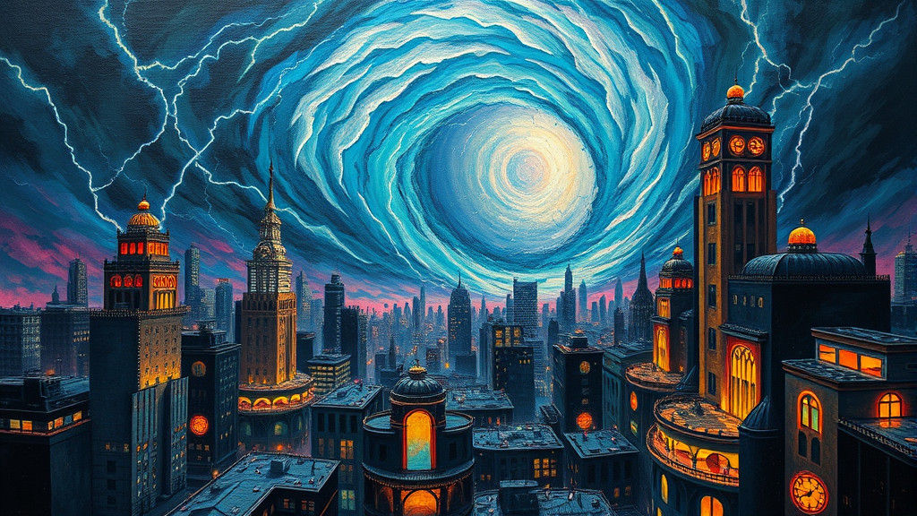 Bioluminescent Lightning Storm Over Surreal Cityscape