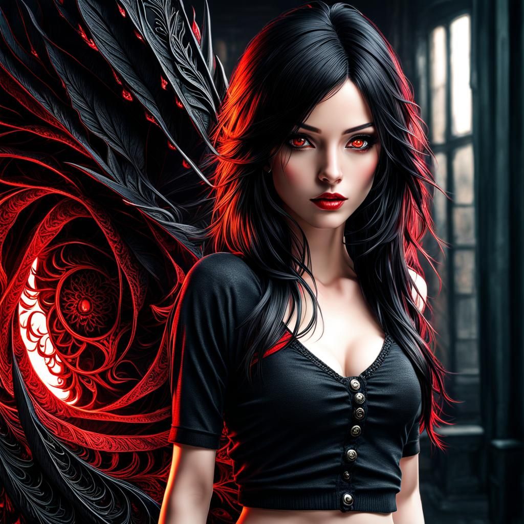 Grunge Girl with Red Eyes and Black Hair