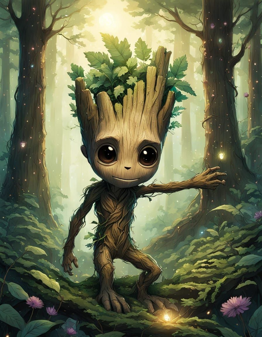 Ethereal Teenage Groot Dances Under Starry Moonlit Forest