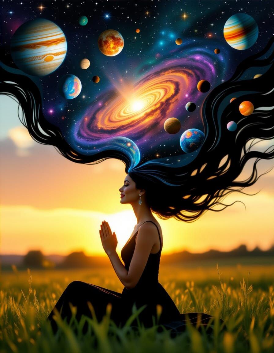 Woman with Galaxy Hair in Surreal Landscape