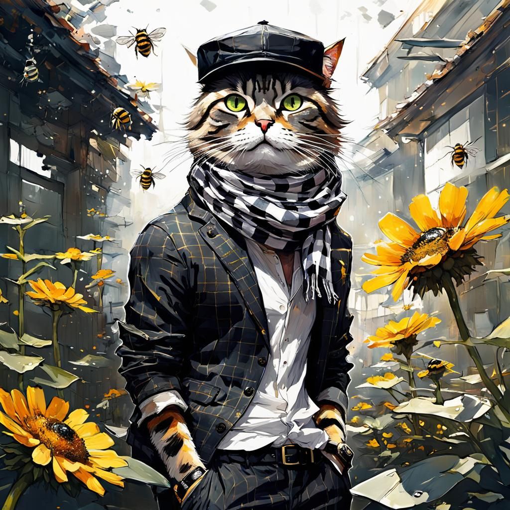 Checkered Cat in Enchanted Garden, Detailed Studio Photo