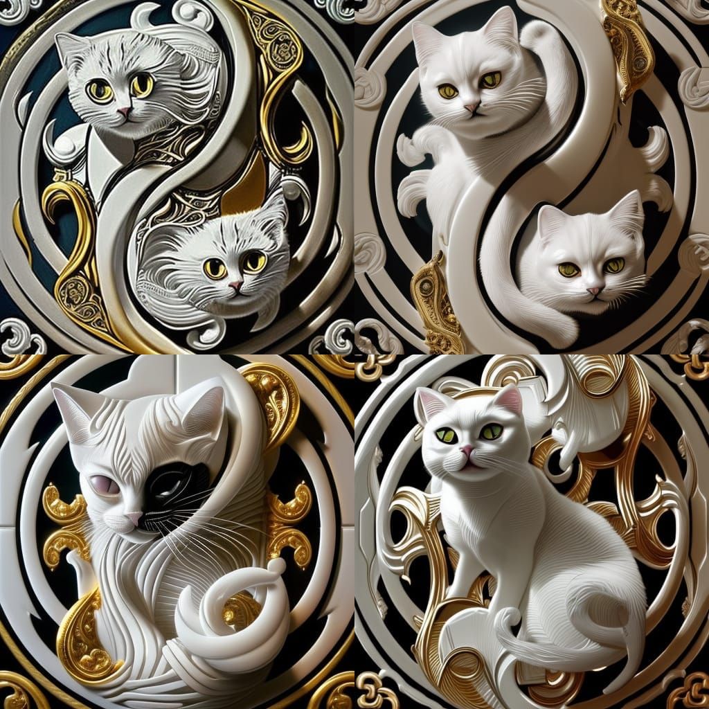 Yin Yang Cats in Carved Ivory Style