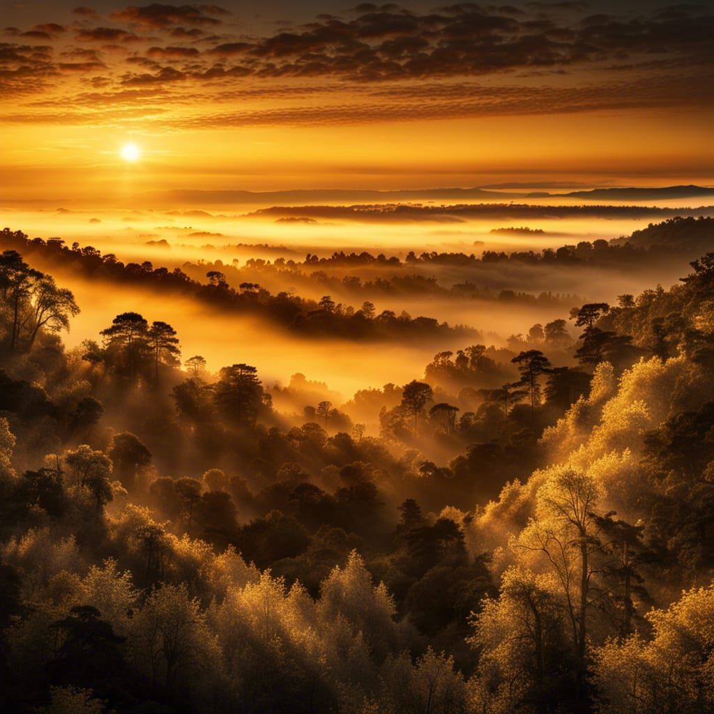 Golden Sunrise Over Misty Forest