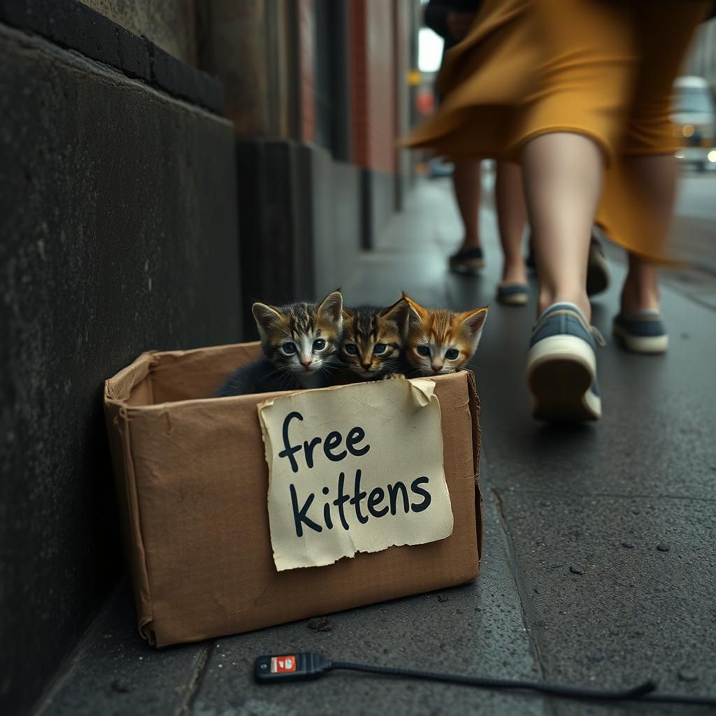 Tiny Kittens on Urban Sidewalk, Matte Painting Style