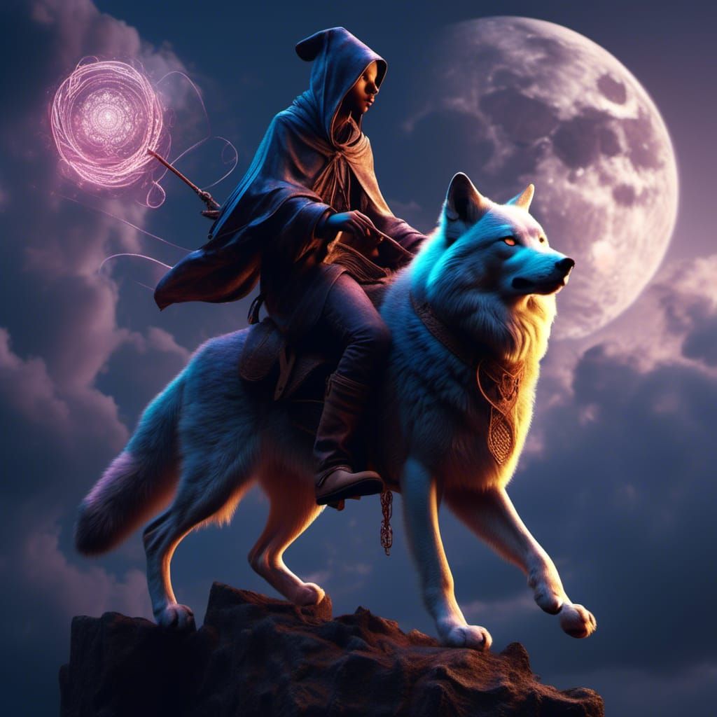 picture or a wizard riding a wolf