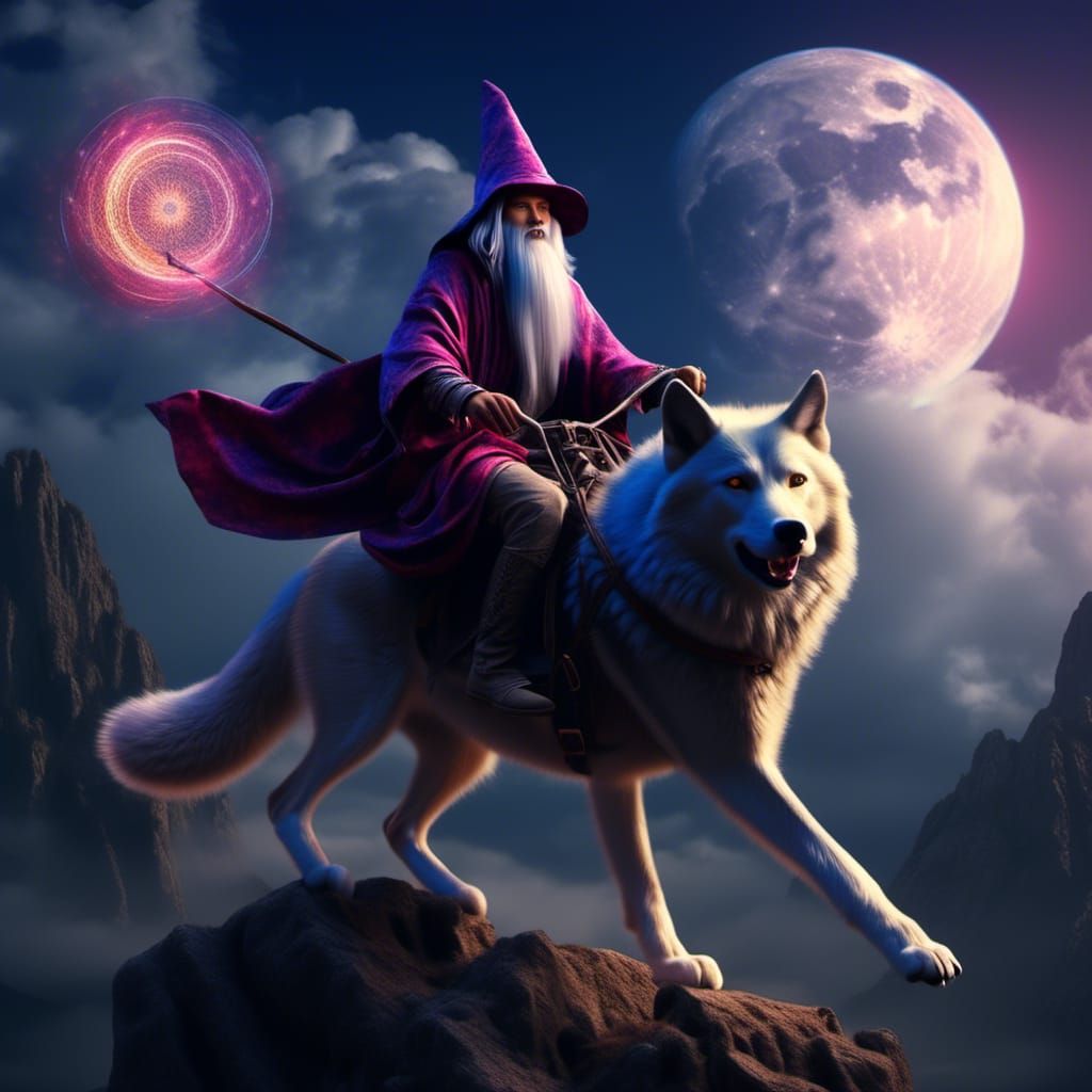 picture or a wizard riding a wolf