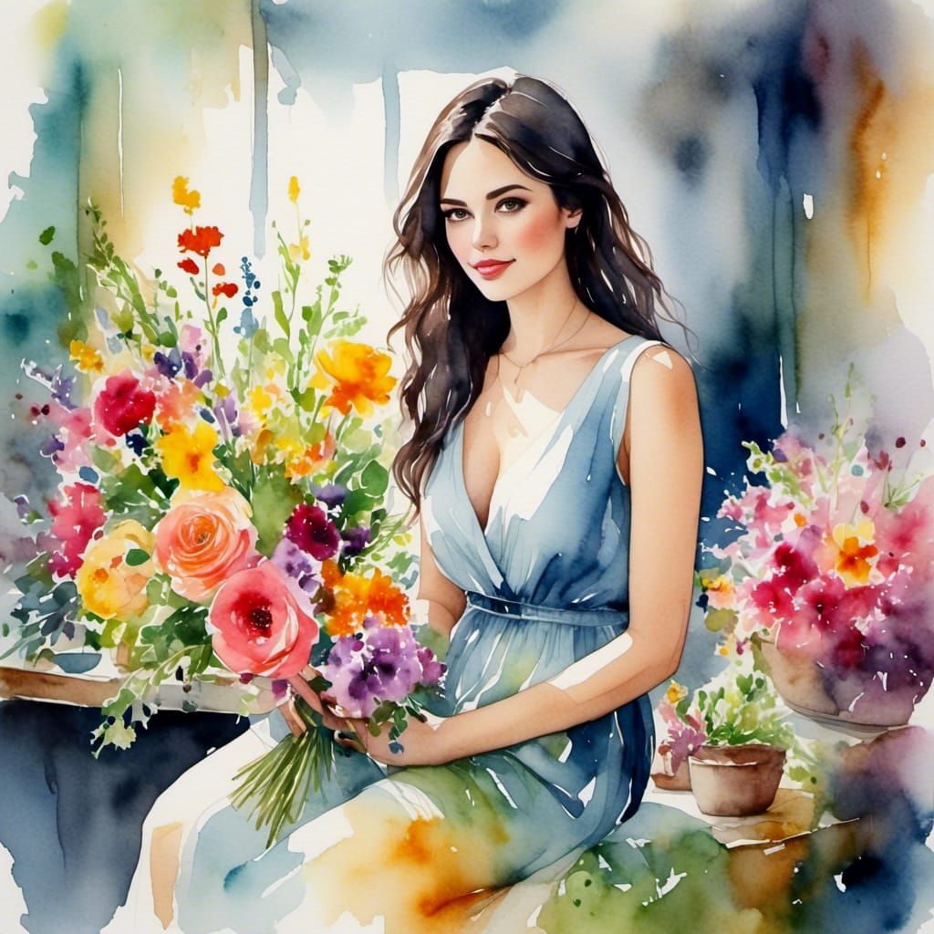 Woman with Flowers in Watercolor Style