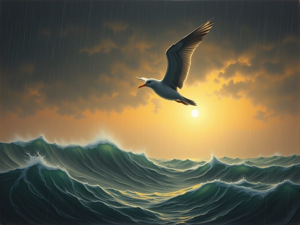 Seabird Soaring Over Ocean in Heavy Sunset Rain