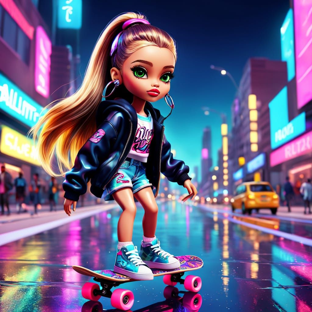 Bratz Doll Rides Skateboard in Neon Cityscape
